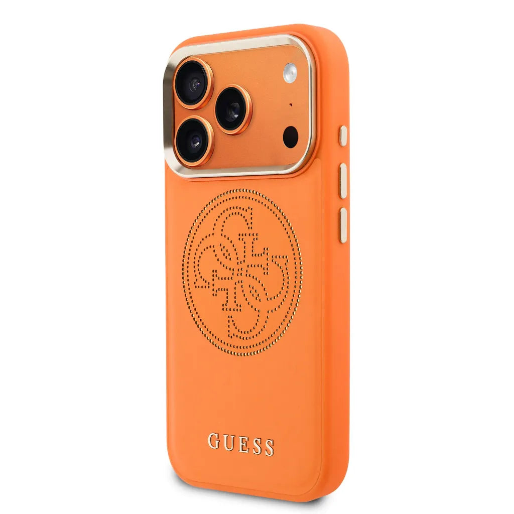GUESS – Funda para iPhone 17 Pro Efecto Piel Naranja con Logo Guess