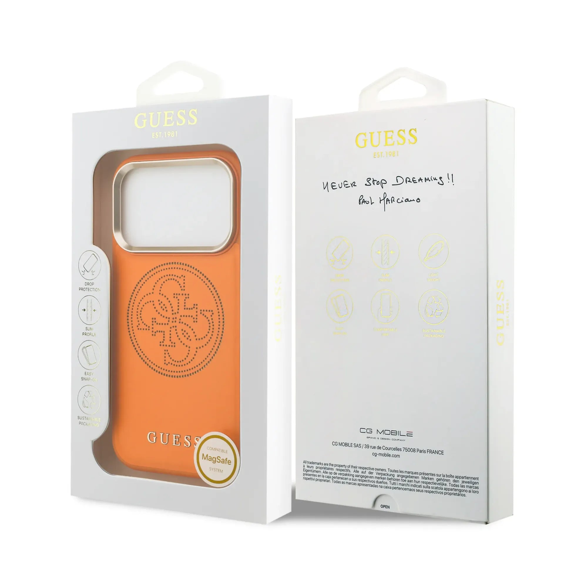 GUESS – Funda para iPhone 17 Pro Efecto Piel Naranja con Logo Guess