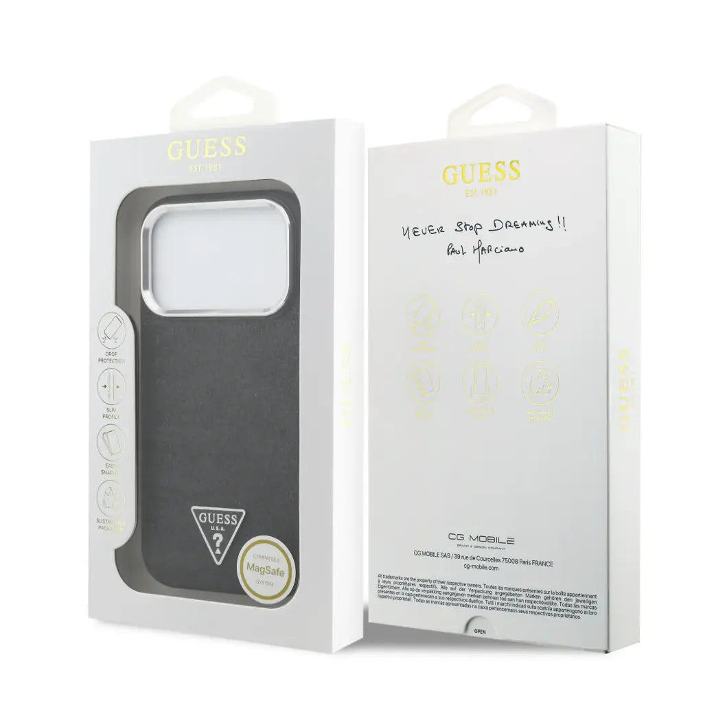 GUESS – Funda Rígida para iPhone 17 Pro con MagSafe en Polipiel Negra con Purpurina