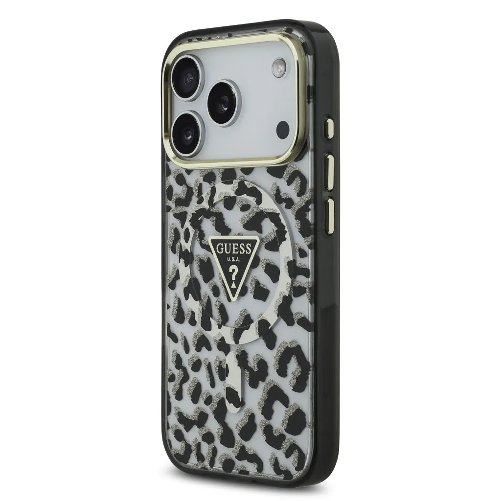 GUESS – Funda para iPhone 17 Pro con MagSafe, Diseño Leopardo con Brillos en Color Negro