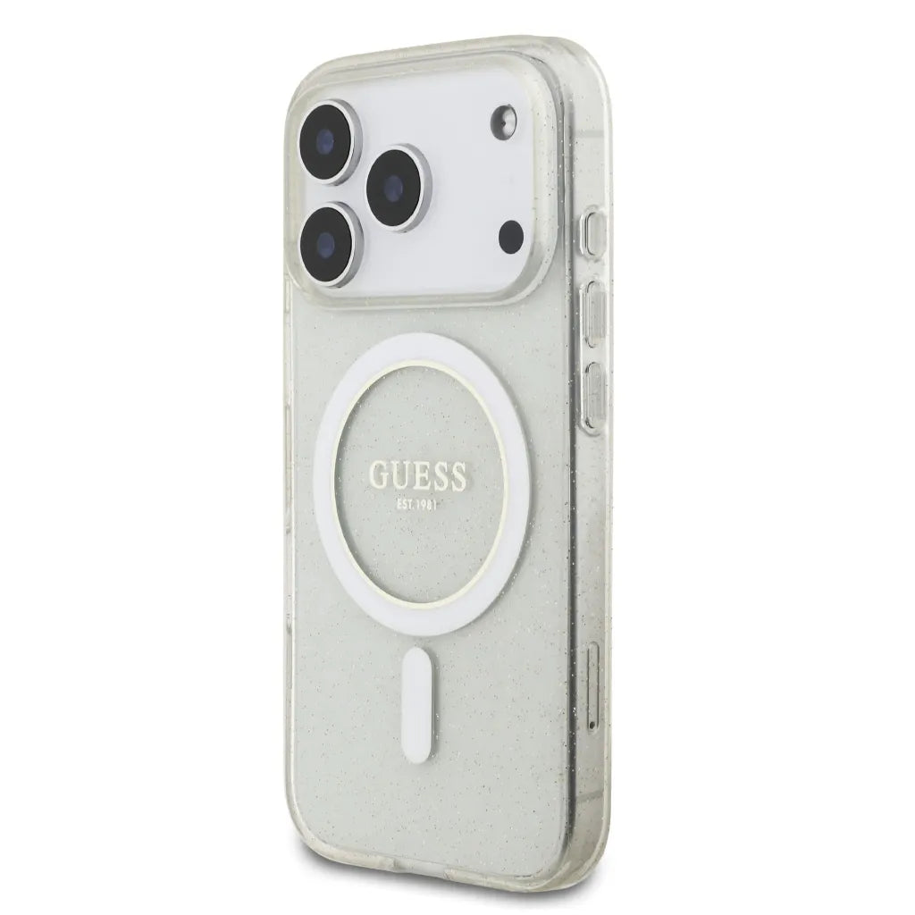 GUESS – Funda Transparente para iPhone 17 Pro con MagSafe, Acabado Brillante y Correa de Perlas