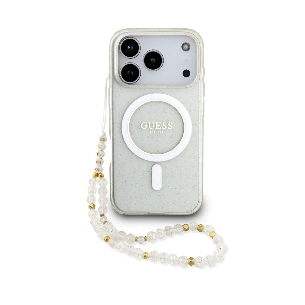 GUESS – Funda Transparente para iPhone 17 Pro con MagSafe, Acabado Brillante y Correa de Perlas
