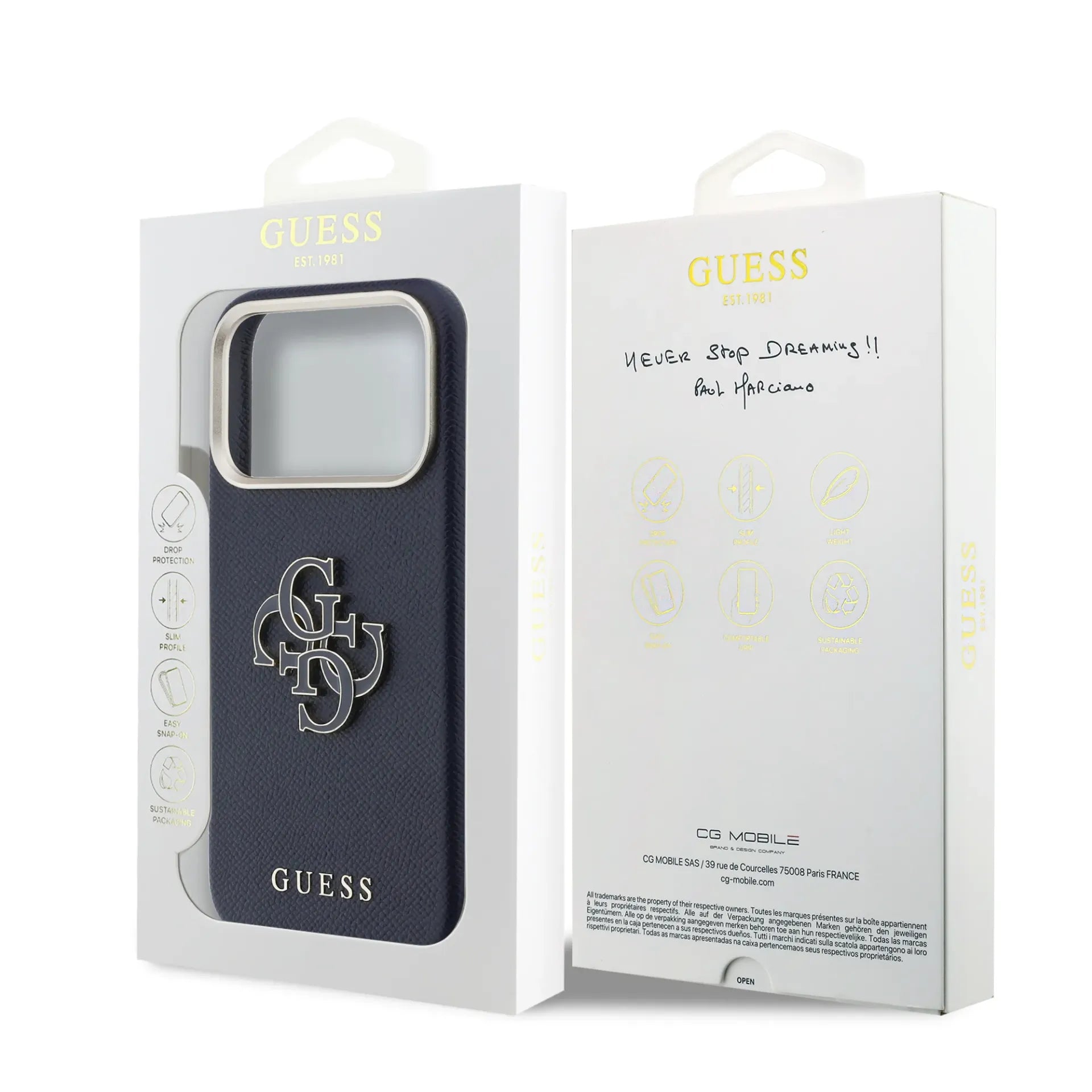 GUESS – Funda para iPhone 17 Pro Efecto Piel Azul con Logo Guess