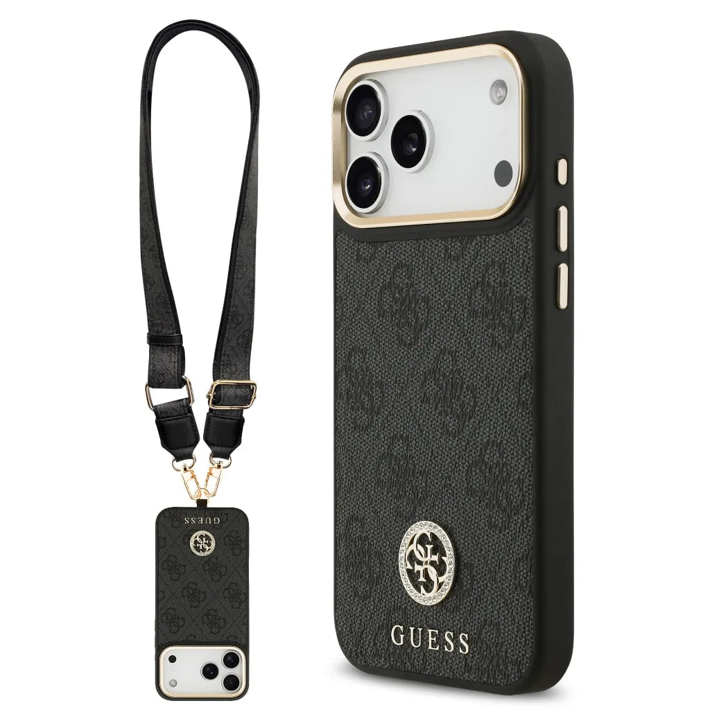 GUESS – Funda para iPhone 17 Pro Max en Polipiel Negra con Logo Strass y Correa Ancha