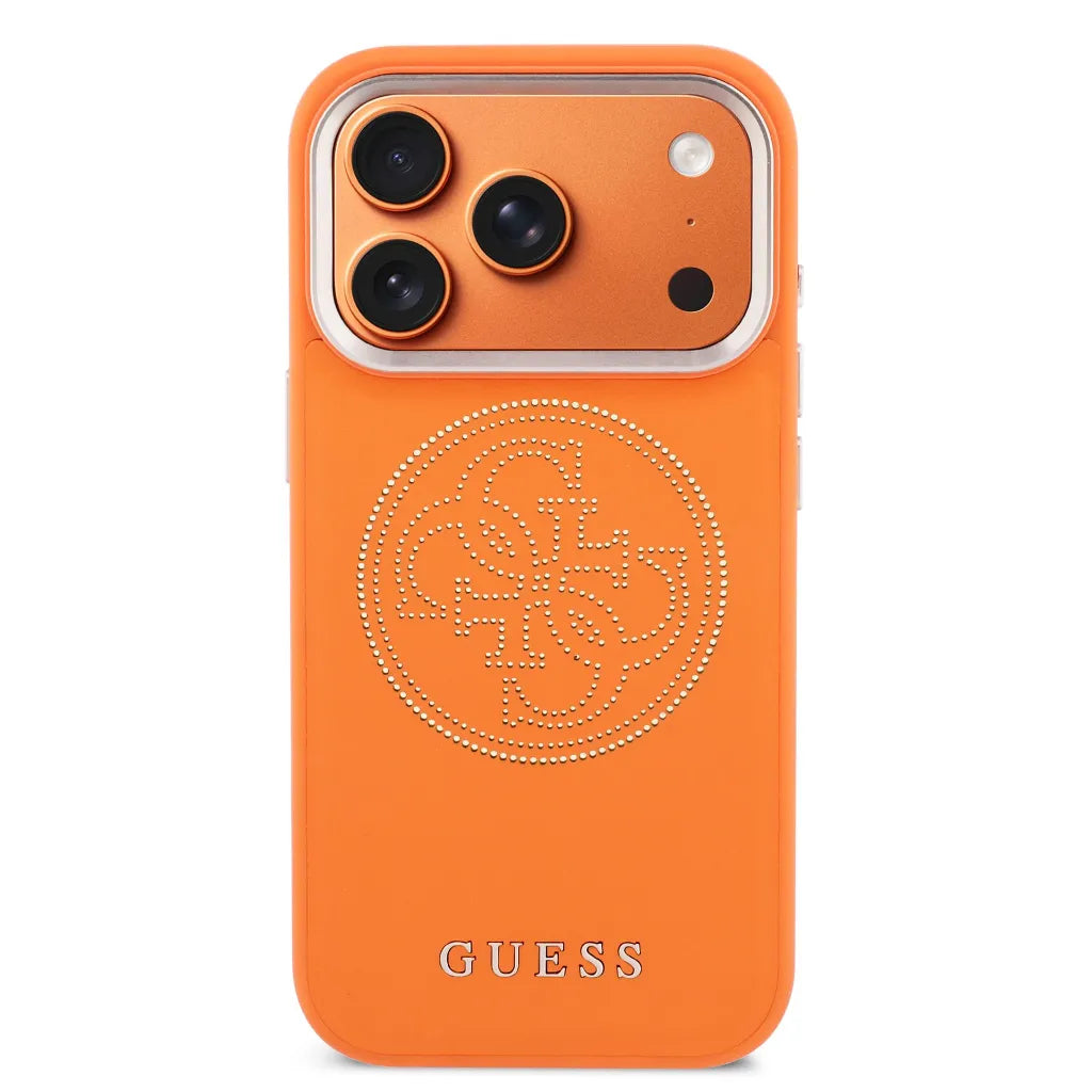 GUESS – Funda para iPhone 17 Pro Efecto Piel Naranja con Logo Guess