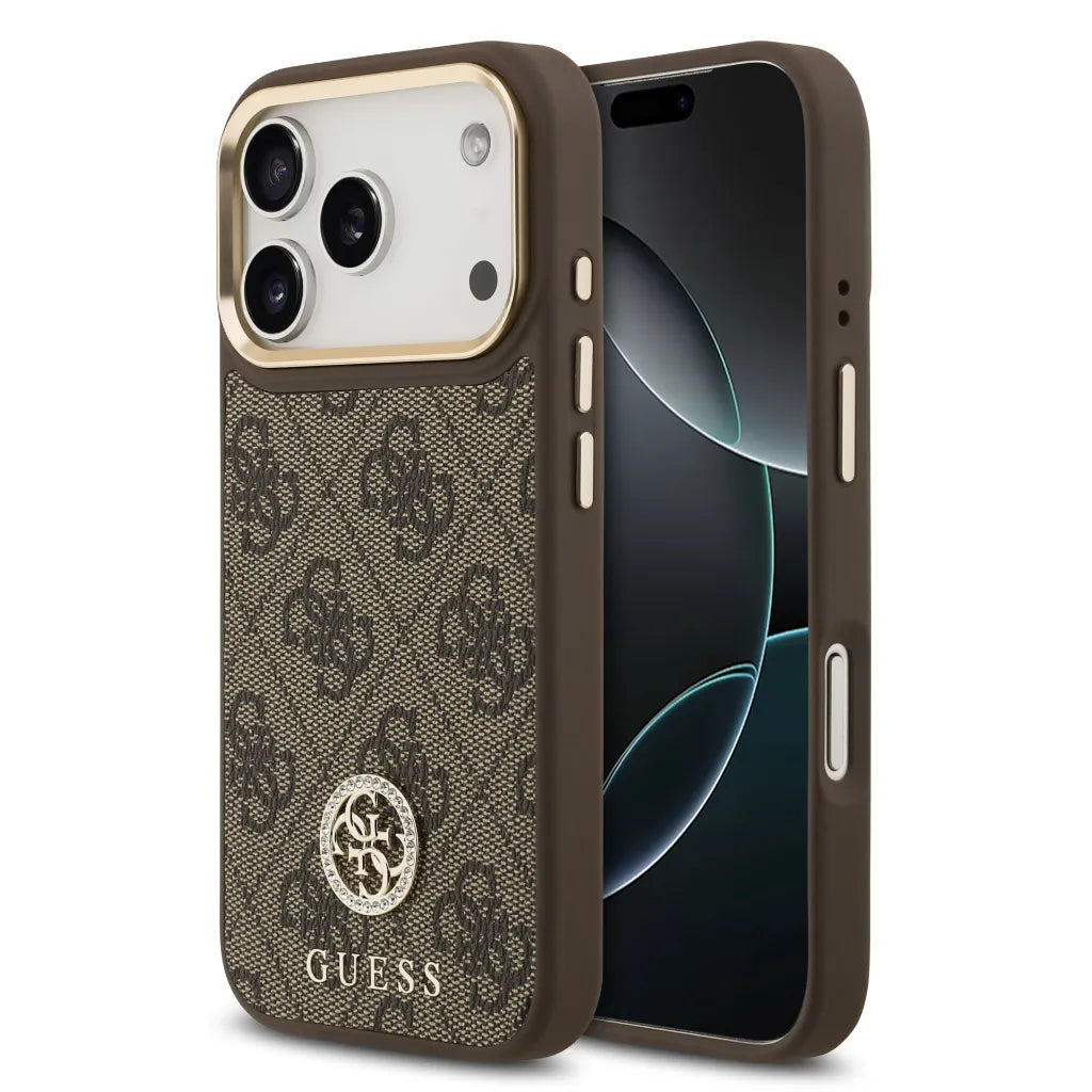GUESS – Funda Rígida para iPhone 17 Pro con MagSafe en Polipiel Marrón y Logo 4G de Strass