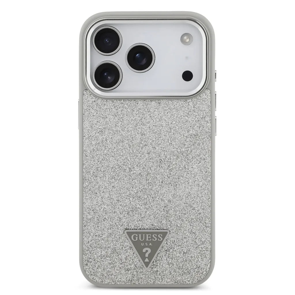 GUESS – Funda Rígida para iPhone 17 Pro con MagSafe en Polipiel Plata con Purpurina