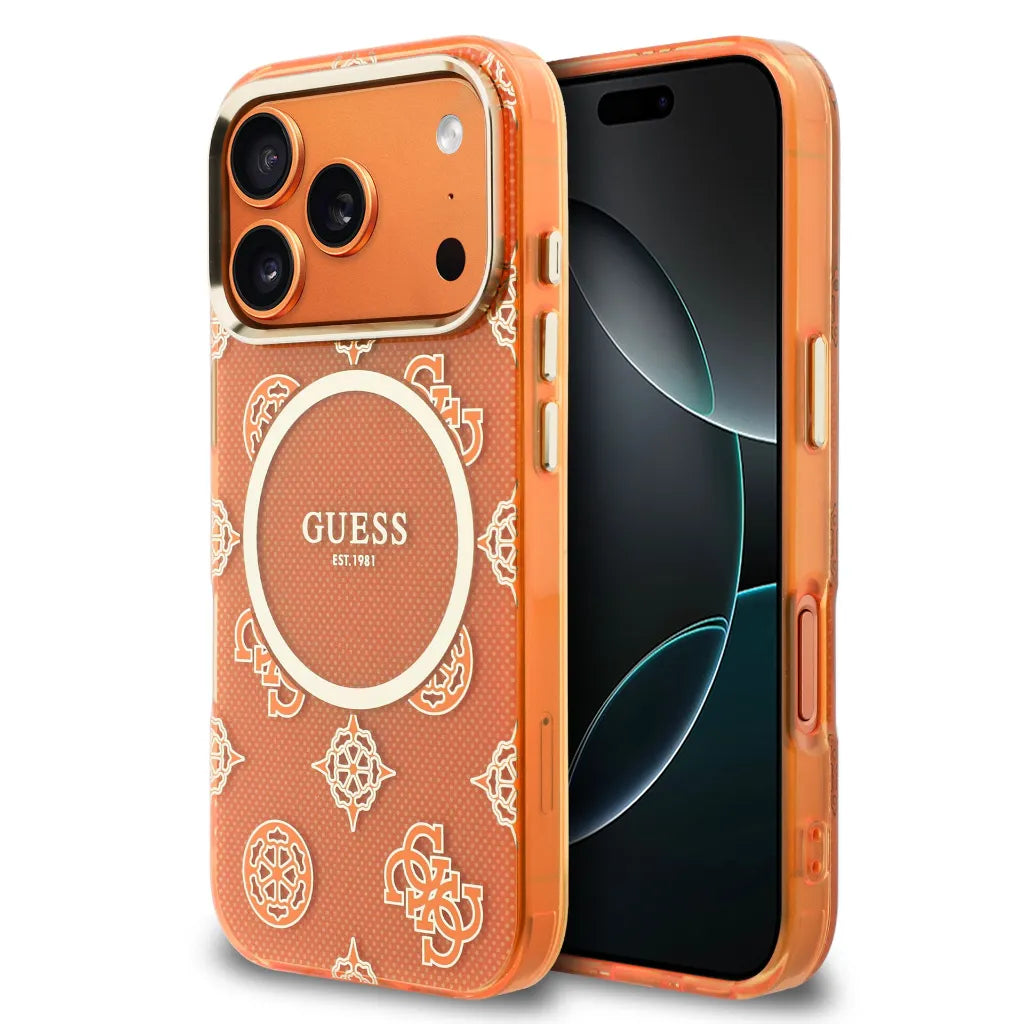 GUESS – Funda para iPhone 17 Pro Rígida Naranja Multilogo