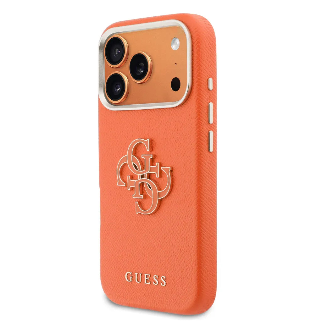 GUESS – Funda para iPhone 17 Pro Efecto Piel Naranja con Logo Guess