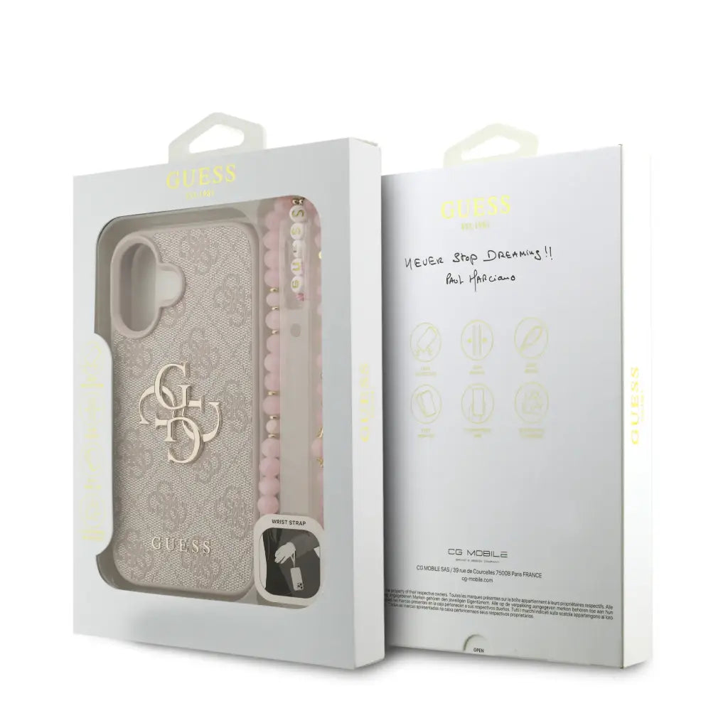 GUESS – Funda iPhone 16 Polipiel Rosa con Logo 4G Clásico y Correa de Perlas