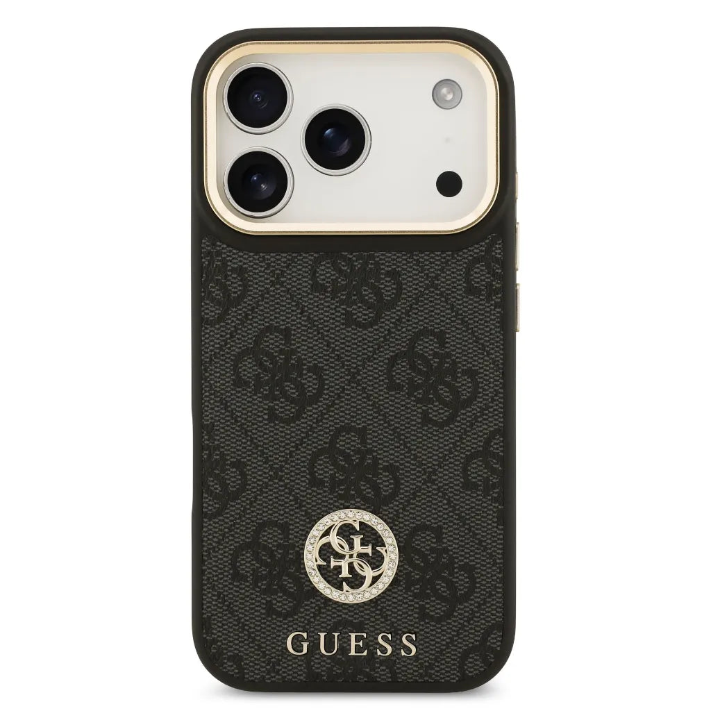 GUESS – Funda Rígida para iPhone 17 Pro con MagSafe en Polipiel Negra y Logo 4G de Strass