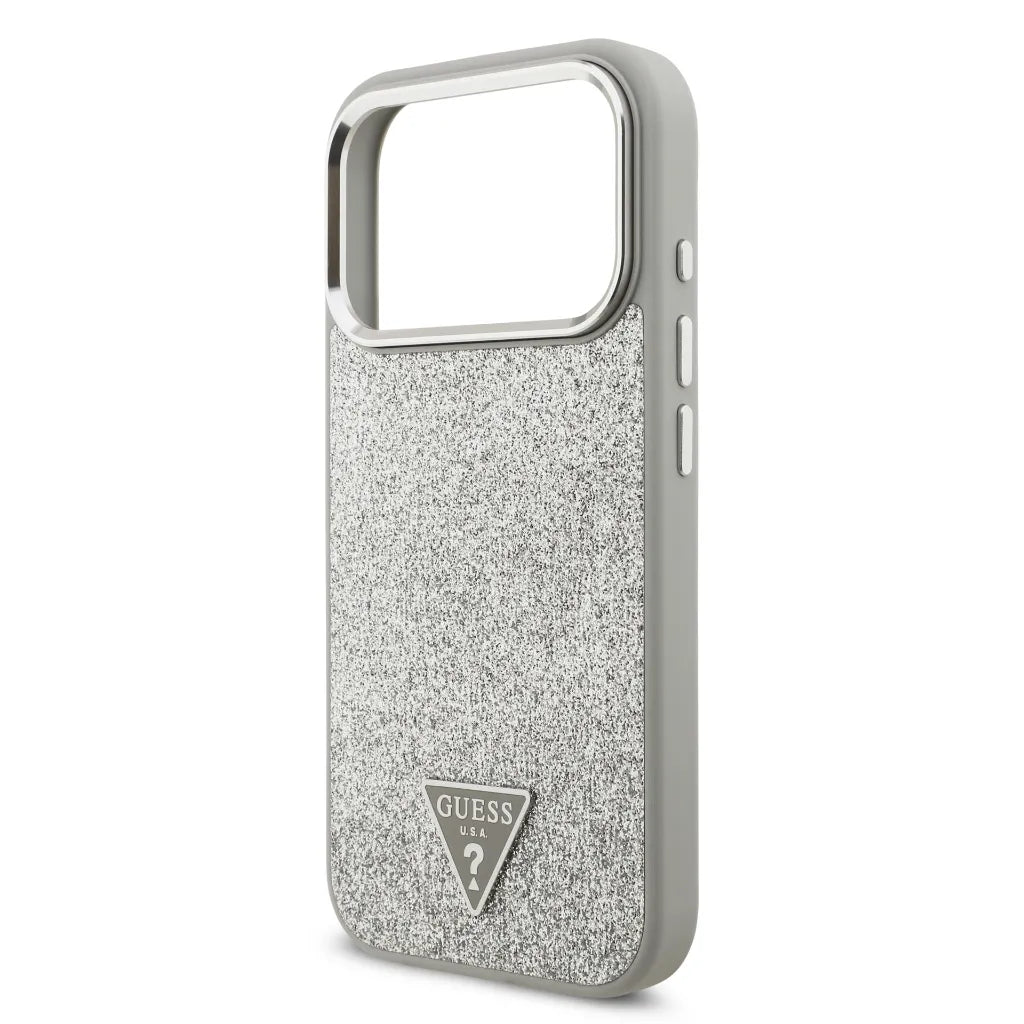 GUESS – Funda Rígida para iPhone 17 Pro con MagSafe en Polipiel Plata con Purpurina