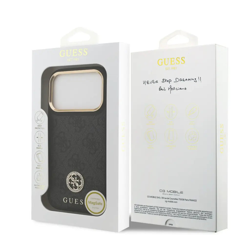 GUESS – Funda Rígida para iPhone 17 Pro con MagSafe en Polipiel Negra y Logo 4G de Strass