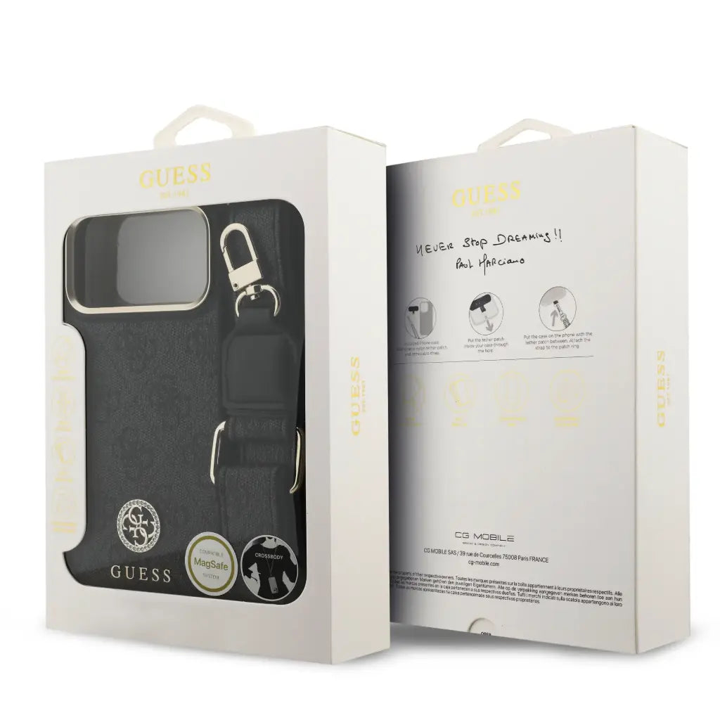 GUESS – Funda para iPhone 17 Pro Max en Polipiel Negra con Logo Strass y Correa Ancha