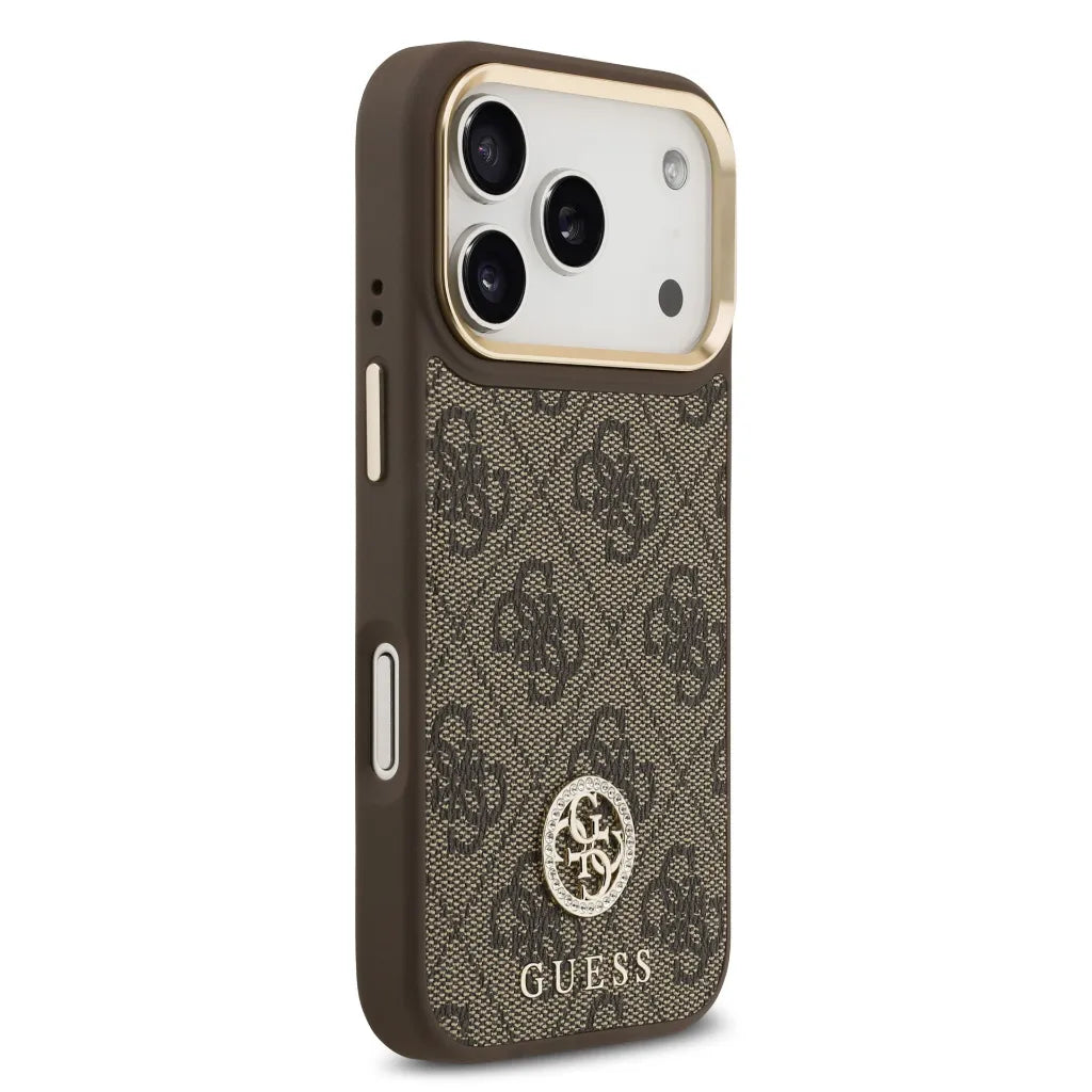 GUESS – Funda Rígida para iPhone 17 Pro con MagSafe en Polipiel Marrón y Logo 4G de Strass