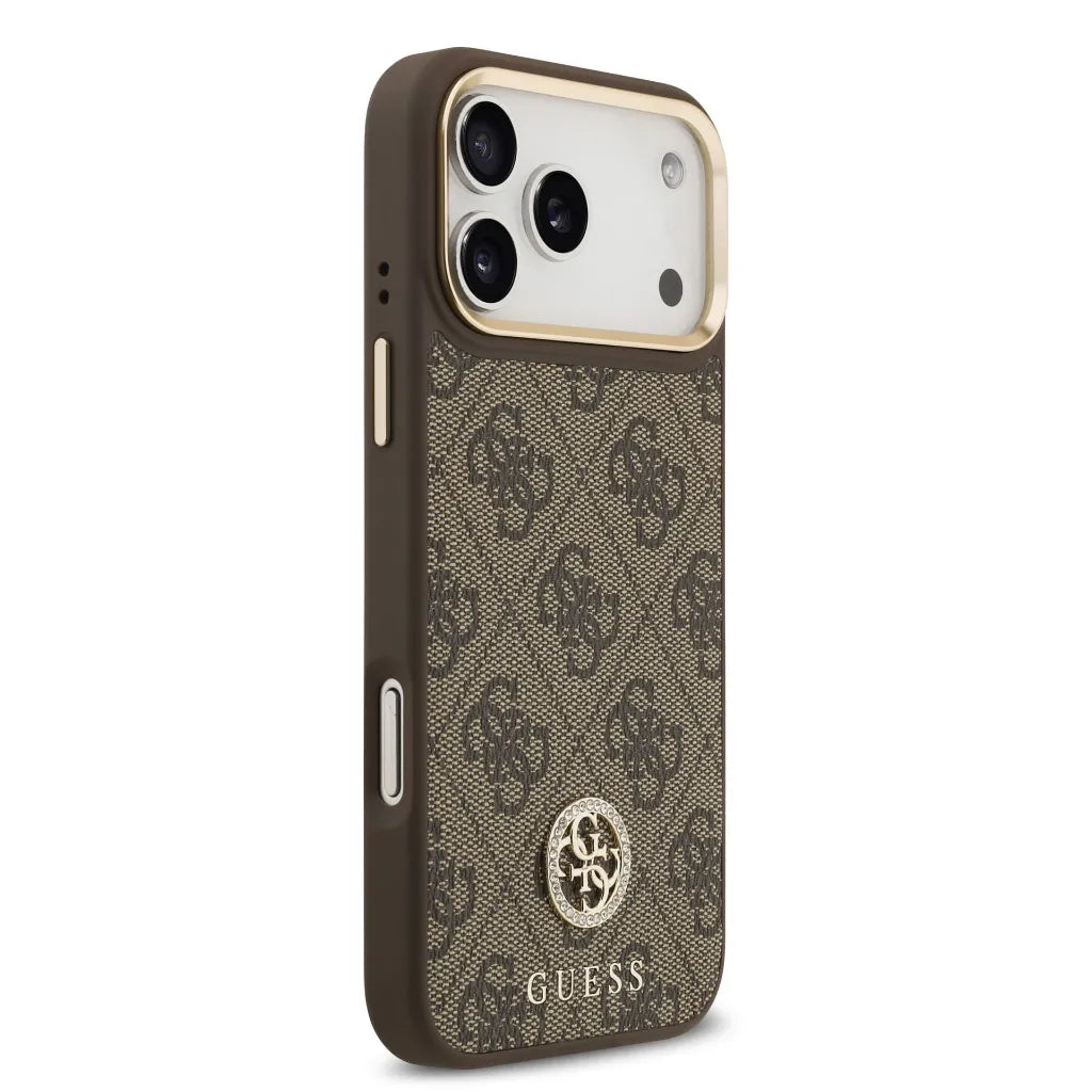 GUESS – Funda para iPhone 17 Pro Max en Polipiel Marrón con Logo de Strass y Correa Ancha