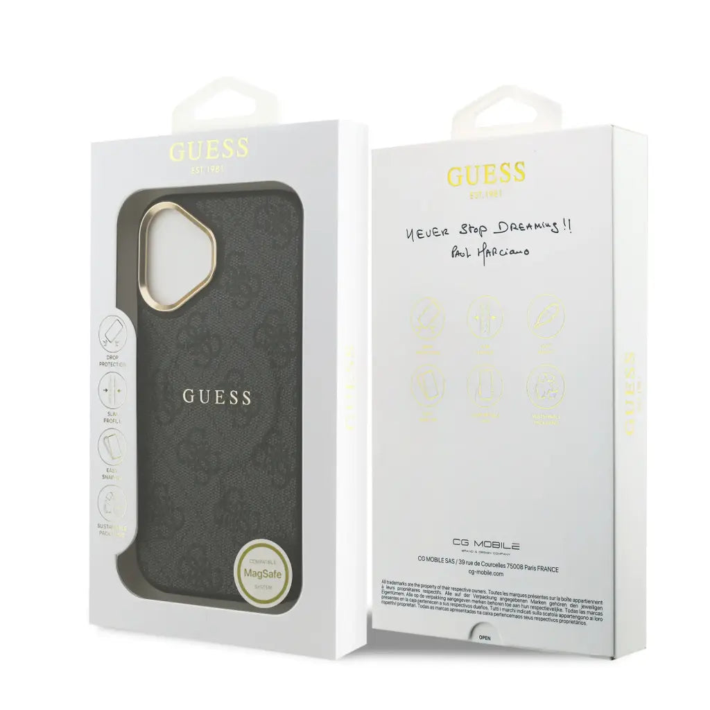 GUESS – Funda para iPhone 16 en Polipiel Negra con MagSafe y Logo Clásico