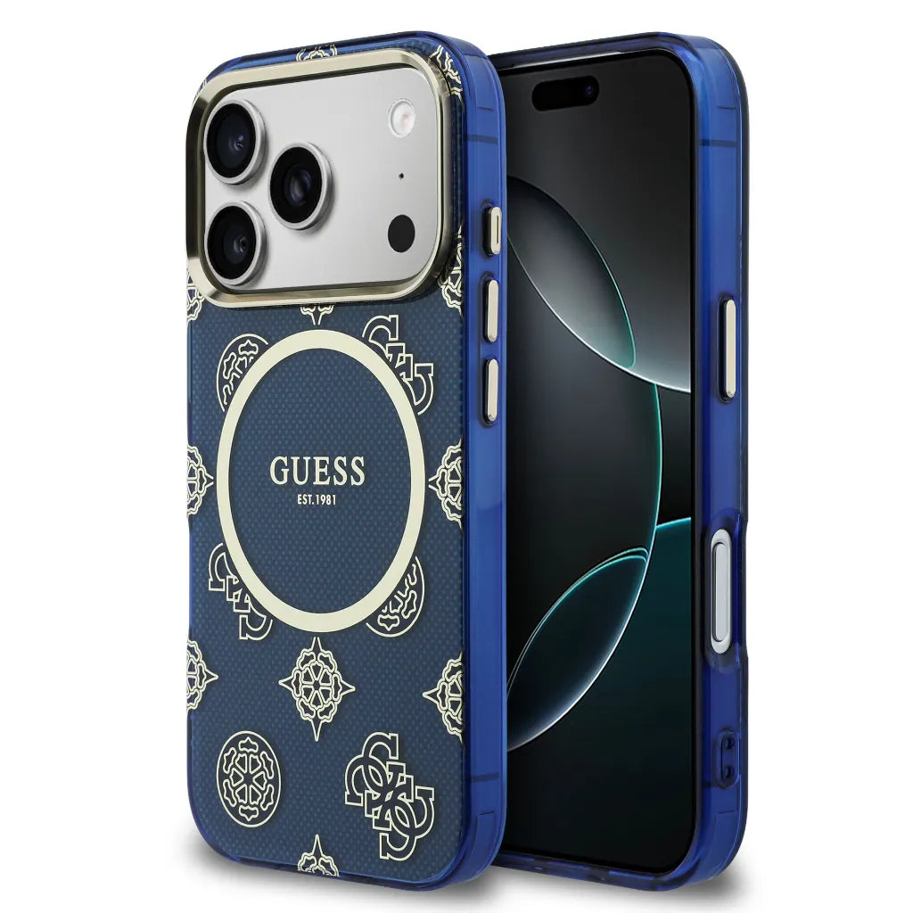 GUESS – Funda para iPhone 17 Pro Rígida Azul Multilogo