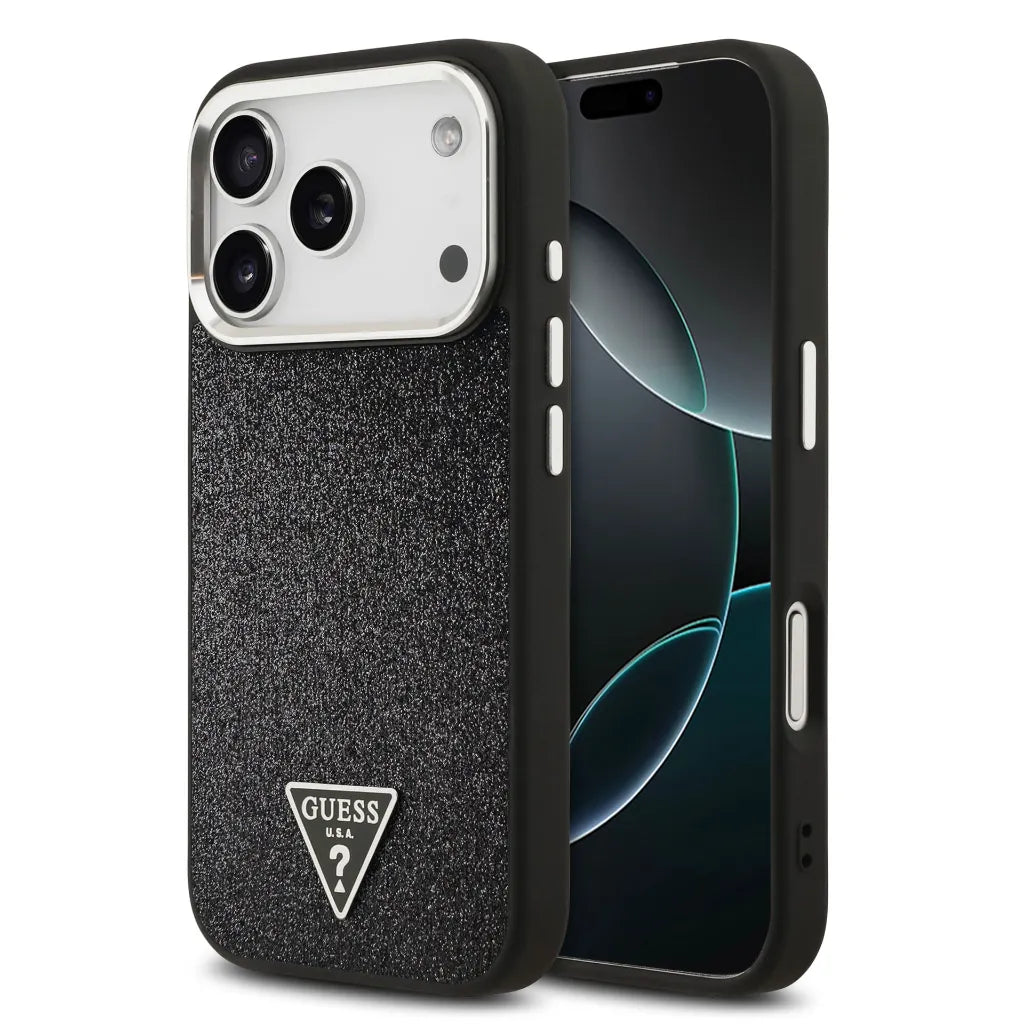 GUESS – Funda Rígida para iPhone 17 Pro con MagSafe en Polipiel Negra con Purpurina