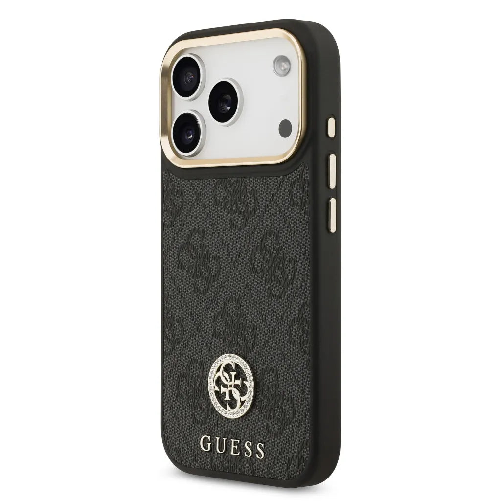 GUESS – Funda Rígida para iPhone 17 Pro con MagSafe en Polipiel Negra y Logo 4G de Strass