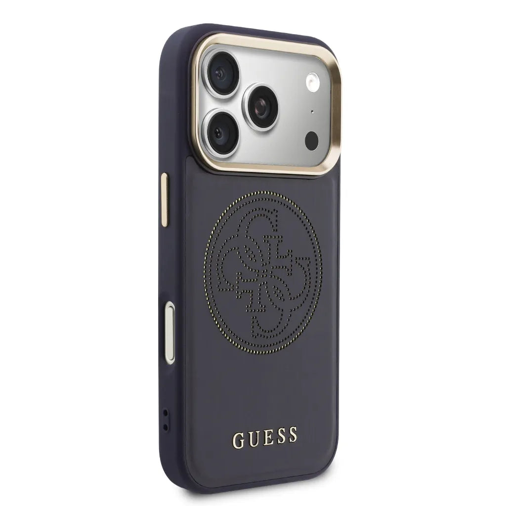 GUESS – Funda para iPhone 17 Pro Efecto Piel Azul con Logo Guess