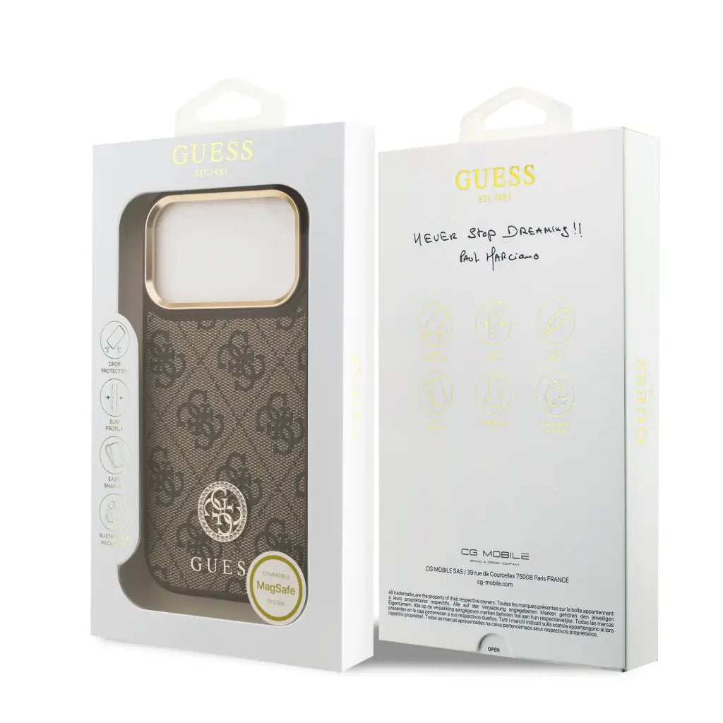 GUESS – Funda Rígida para iPhone 17 Pro con MagSafe en Polipiel Marrón y Logo 4G de Strass