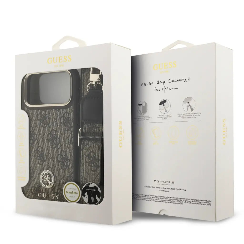 GUESS – Funda para iPhone 17 Pro Max en Polipiel Marrón con Logo de Strass y Correa Ancha