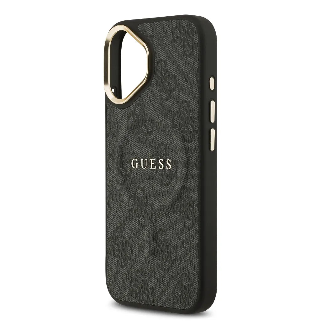 GUESS – Funda para iPhone 16 en Polipiel Negra con MagSafe y Logo Clásico