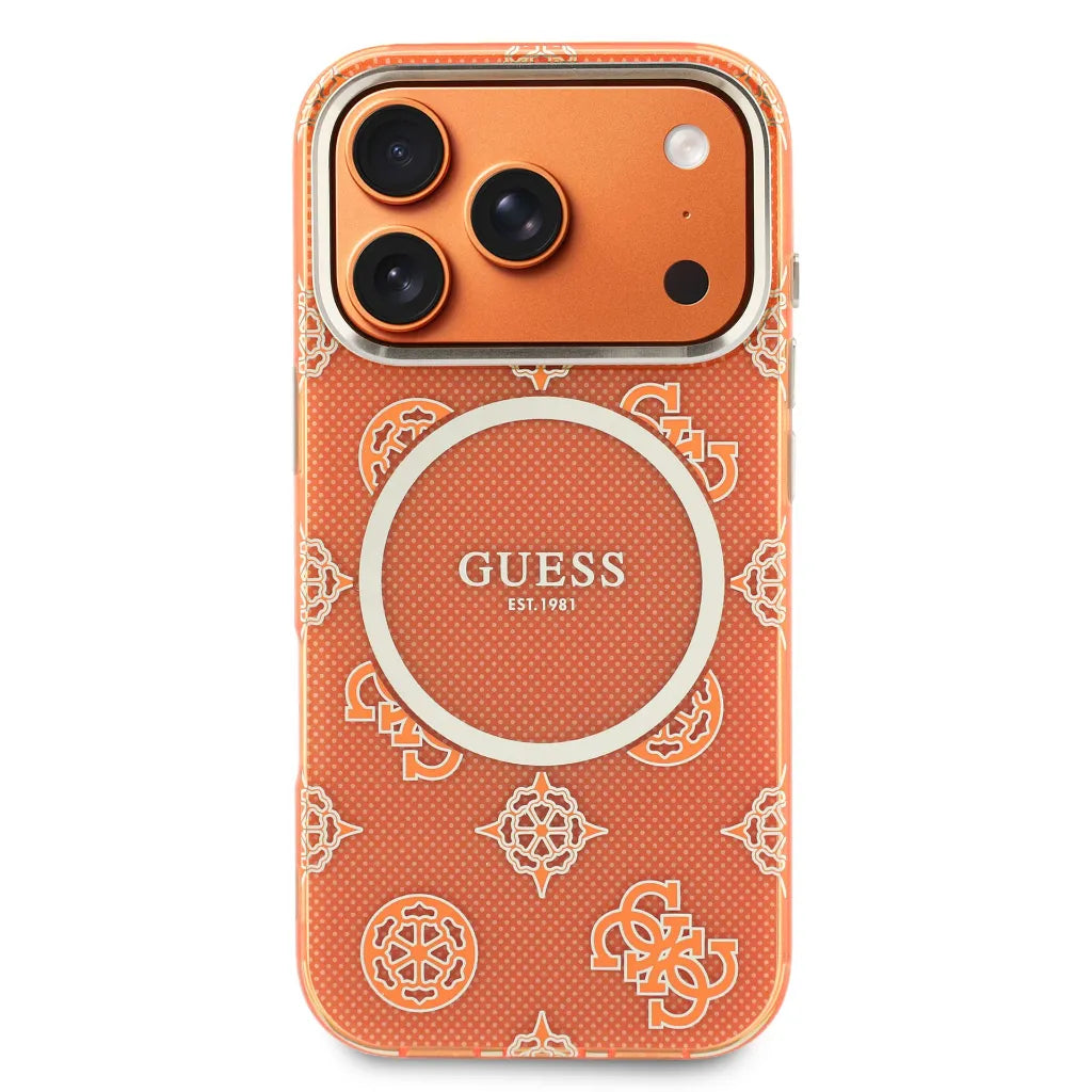 GUESS – Funda para iPhone 17 Pro Rígida Naranja Multilogo
