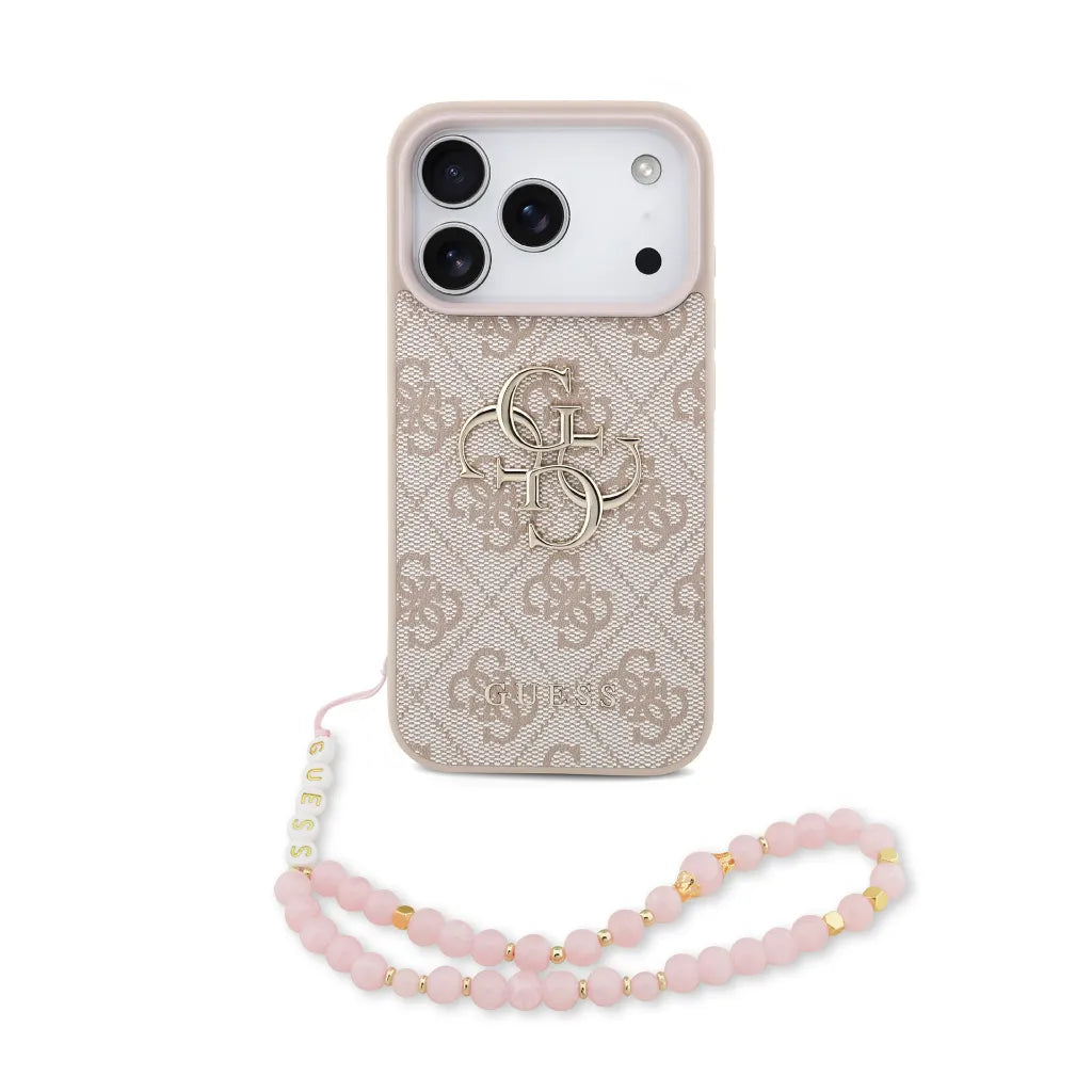 GUESS – Funda para iPhone 17 Pro en Polipiel Rosa con Logo 4G Clásico y Correa de Perlas