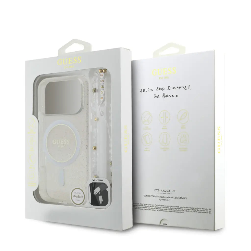 GUESS – Funda Transparente para iPhone 17 Pro con MagSafe, Acabado Brillante y Correa de Perlas