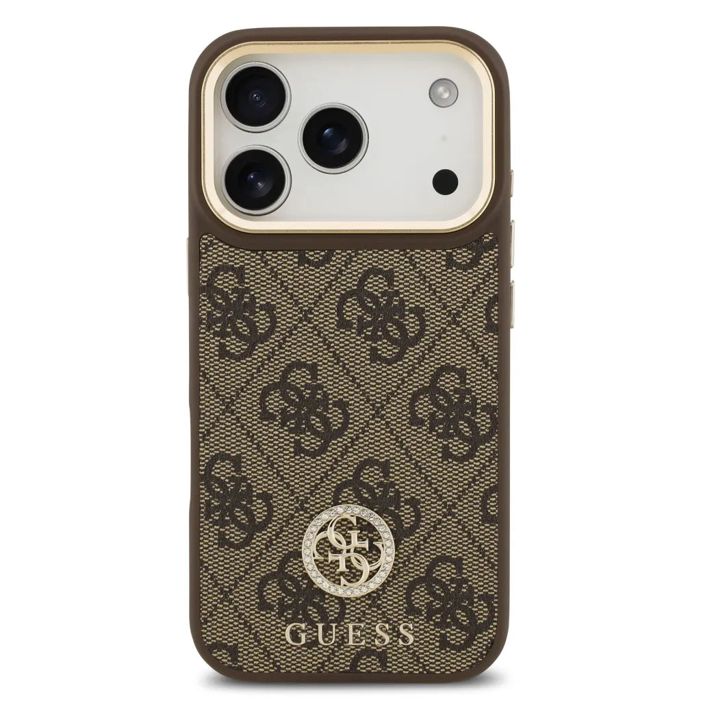 GUESS – Funda Rígida para iPhone 17 Pro con MagSafe en Polipiel Marrón y Logo 4G de Strass