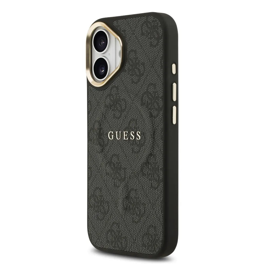 GUESS – Funda para iPhone 16 en Polipiel Negra con MagSafe y Logo Clásico