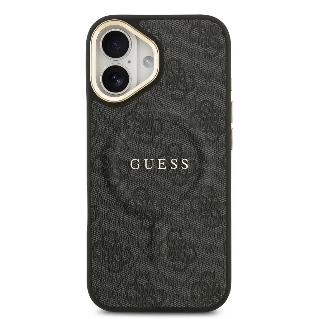GUESS – Funda para iPhone 16 en Polipiel Negra con MagSafe y Logo Clásico