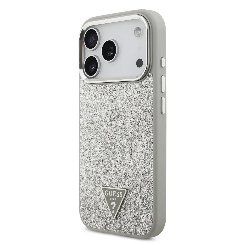 GUESS – Funda Rígida para iPhone 17 Pro con MagSafe en Polipiel Plata con Purpurina