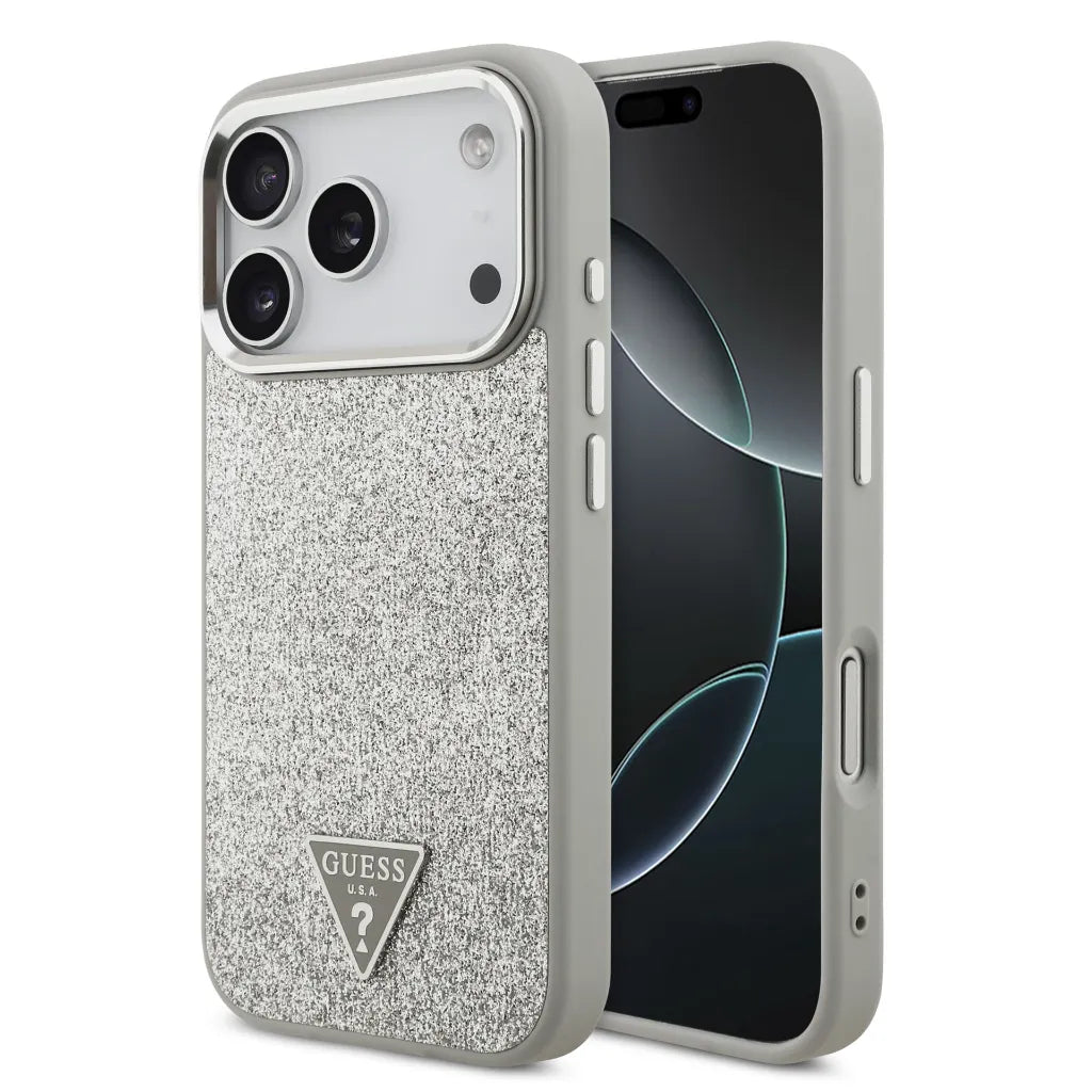 GUESS – Funda Rígida para iPhone 17 Pro con MagSafe en Polipiel Plata con Purpurina