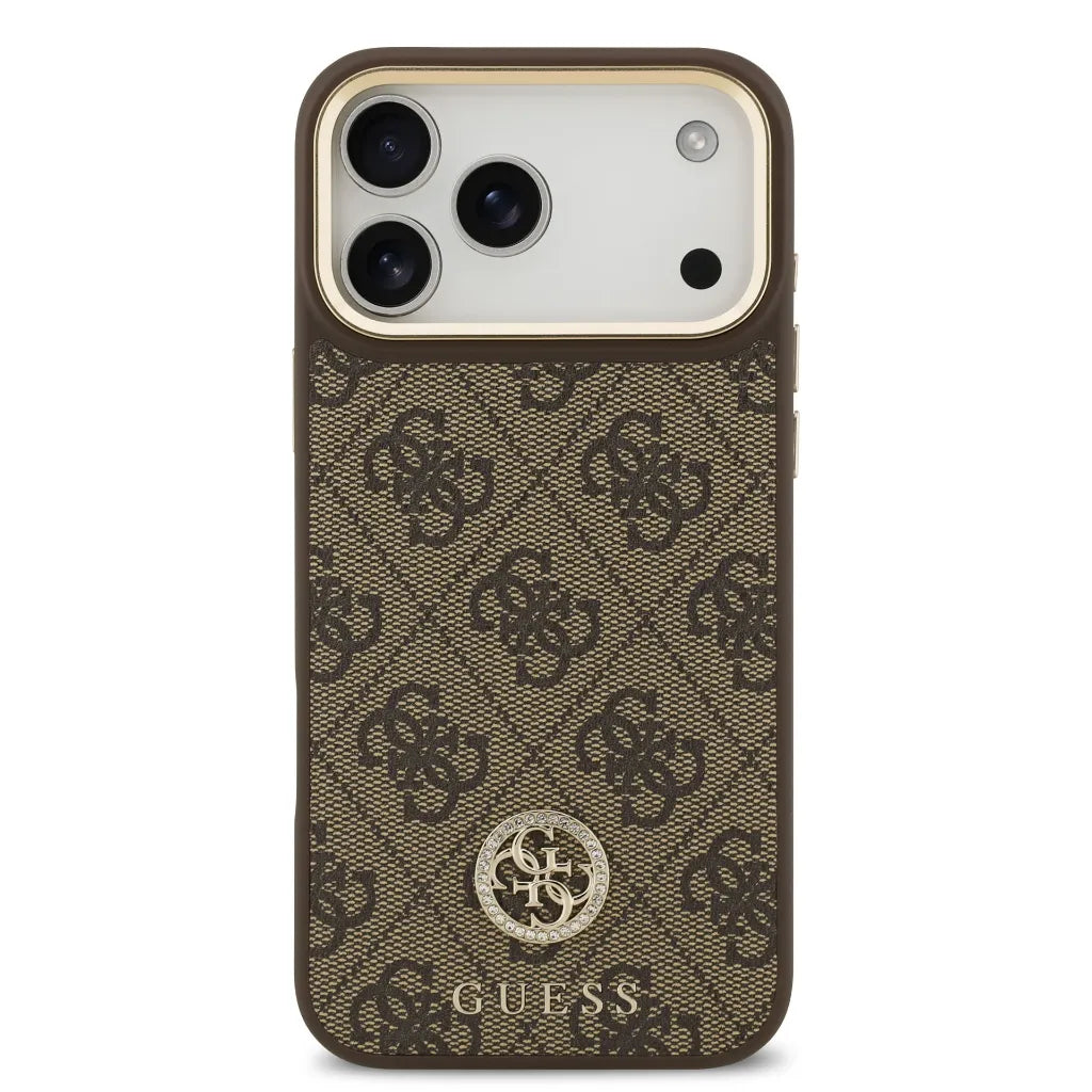 GUESS – Funda para iPhone 17 Pro Max en Polipiel Marrón con Logo de Strass y Correa Ancha