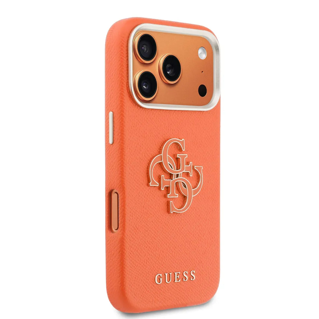 GUESS – Funda para iPhone 17 Pro Efecto Piel Naranja con Logo Guess