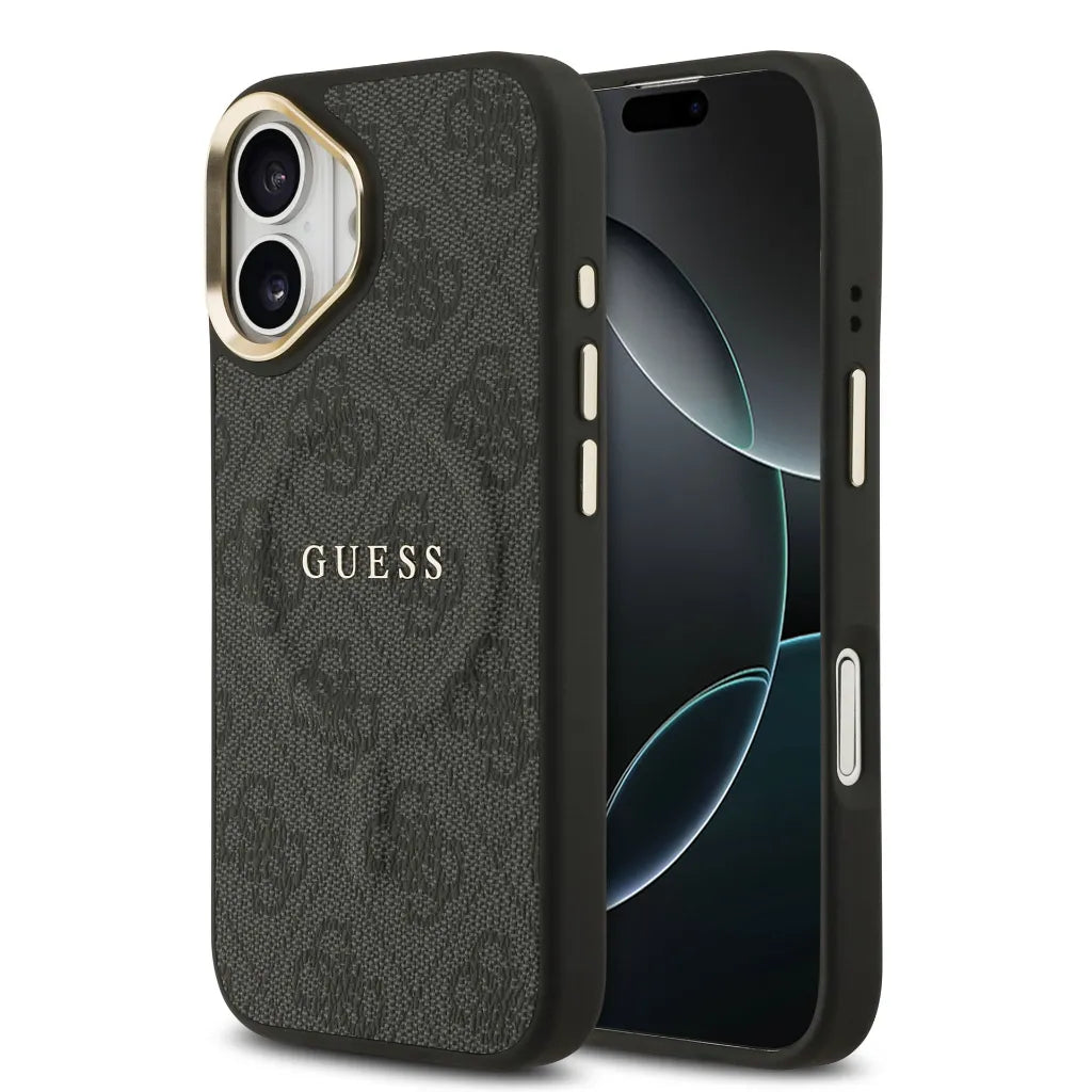 GUESS – Funda para iPhone 16 en Polipiel Negra con MagSafe y Logo Clásico