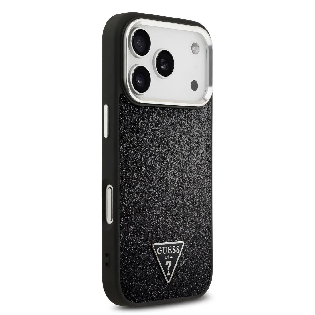 GUESS – Funda Rígida para iPhone 17 Pro con MagSafe en Polipiel Negra con Purpurina