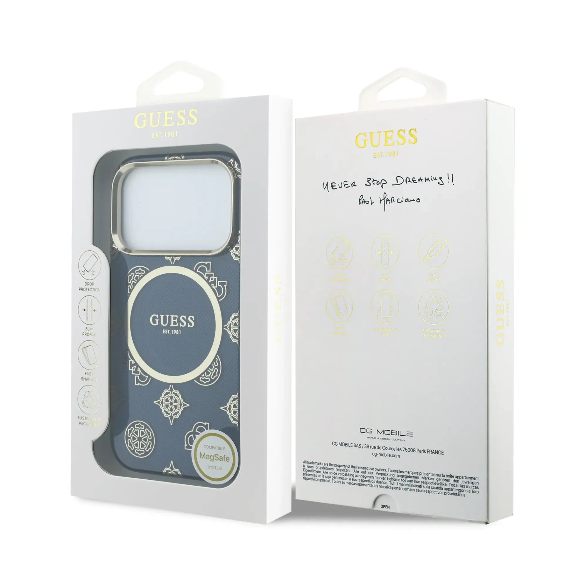 GUESS – Funda para iPhone 17 Pro Rígida Azul Multilogo