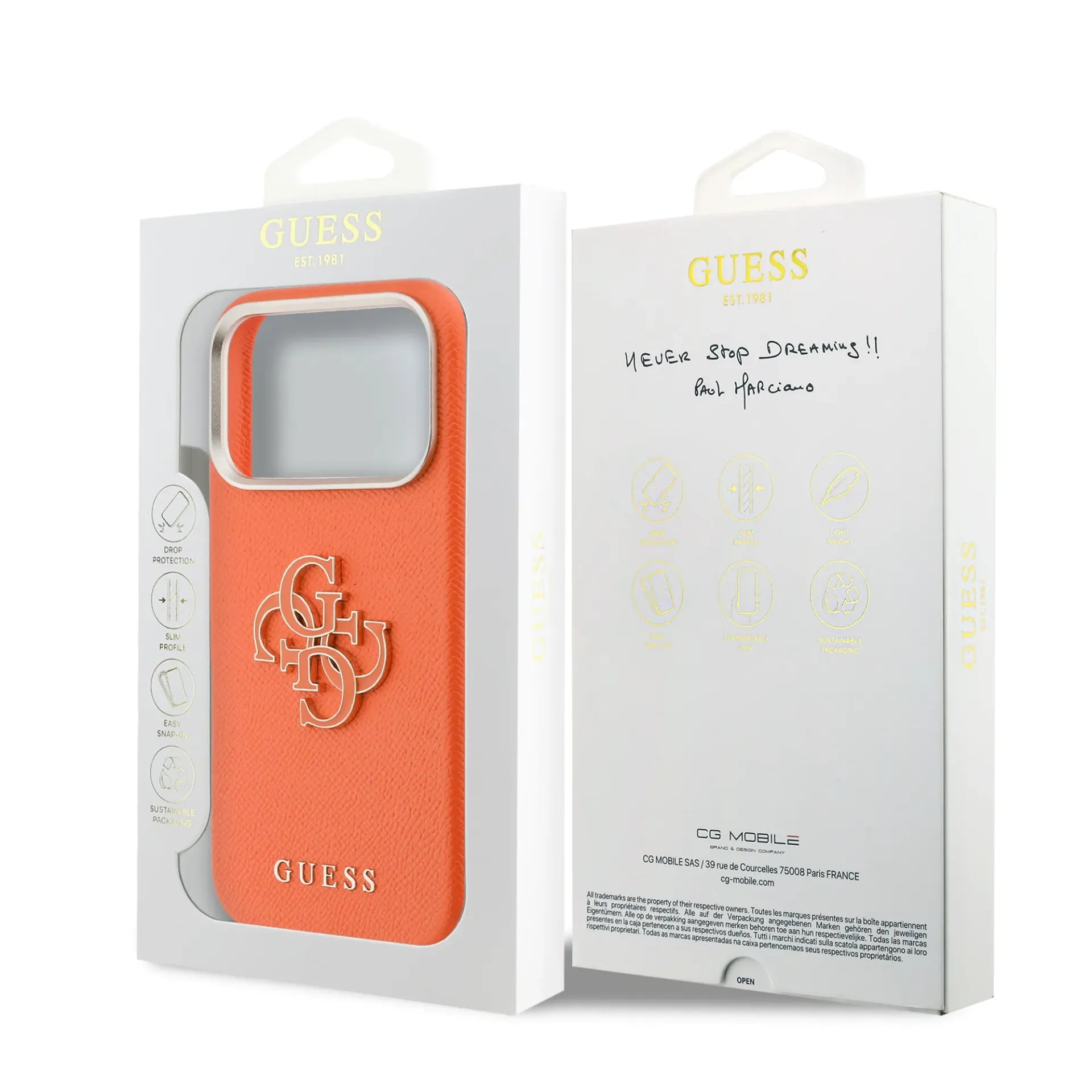 GUESS – Funda para iPhone 17 Pro Efecto Piel Naranja con Logo Guess