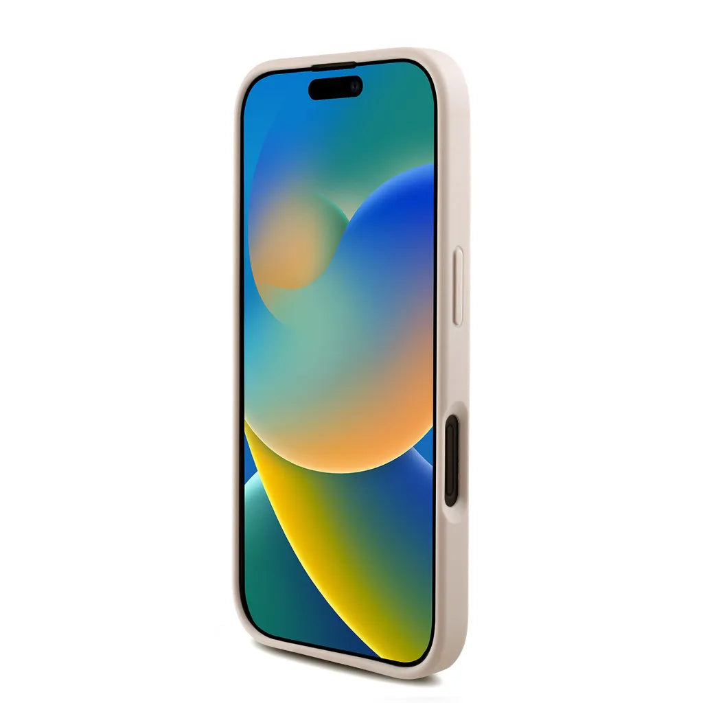 GUESS – Funda iPhone 16 Polipiel Rosa con Logo 4G Clásico y Correa de Perlas