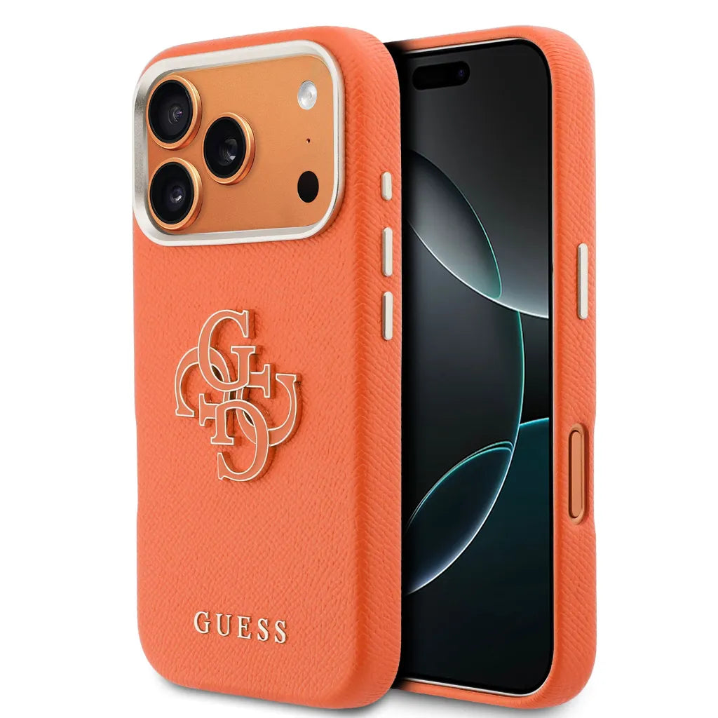GUESS – Funda para iPhone 17 Pro Efecto Piel Naranja con Logo Guess