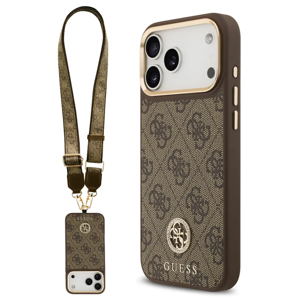 GUESS – Funda para iPhone 17 Pro Max en Polipiel Marrón con Logo de Strass y Correa Ancha