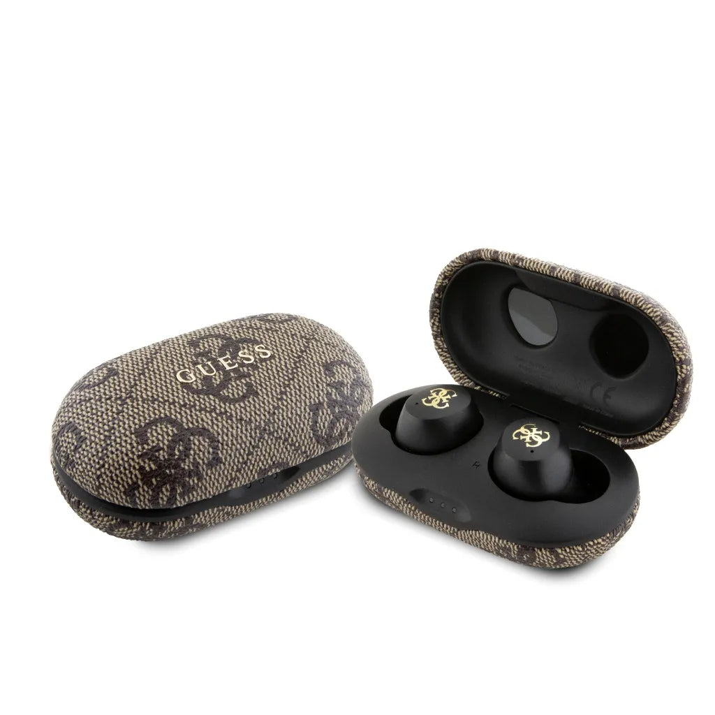 GUESS – Auriculares TWS ENC de Polipiel Marrón con Logo 4G Metalizado