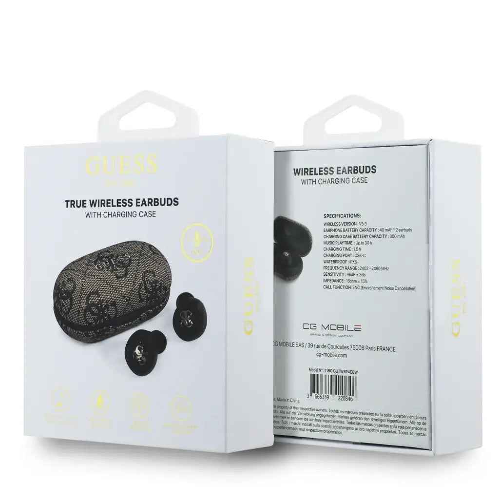 GUESS – Auriculares TWS ENC de Polipiel Marrón con Logo 4G Metalizado