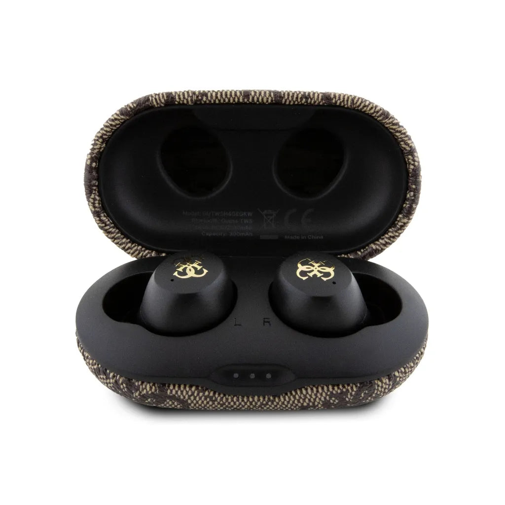 GUESS – Auriculares TWS ENC de Polipiel Marrón con Logo 4G Metalizado